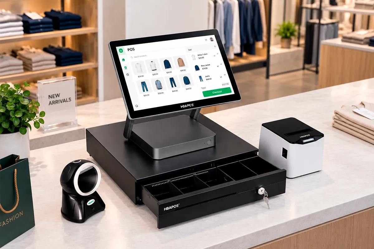 HBAPOS POS terminal with cash drawer barcode scanner and receipt printer in a retail store