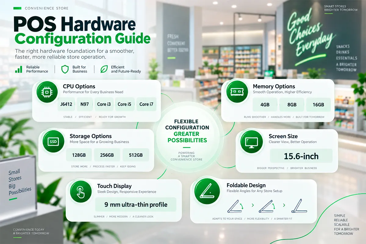 Convenience store POS configuration options for processor memory storage and display with a foldable design applicable to HBA-L1