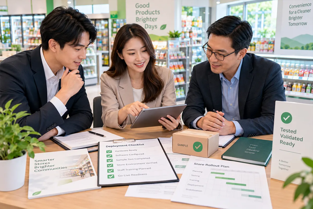 Illustrative planning scene for reviewing convenience store POS sample validation and deployment requirements