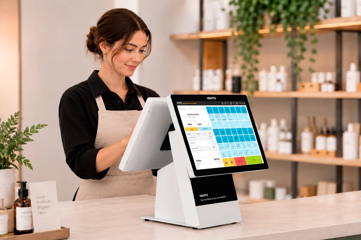 Retail operator using an HBAPOS dual screen POS system at the checkout counter