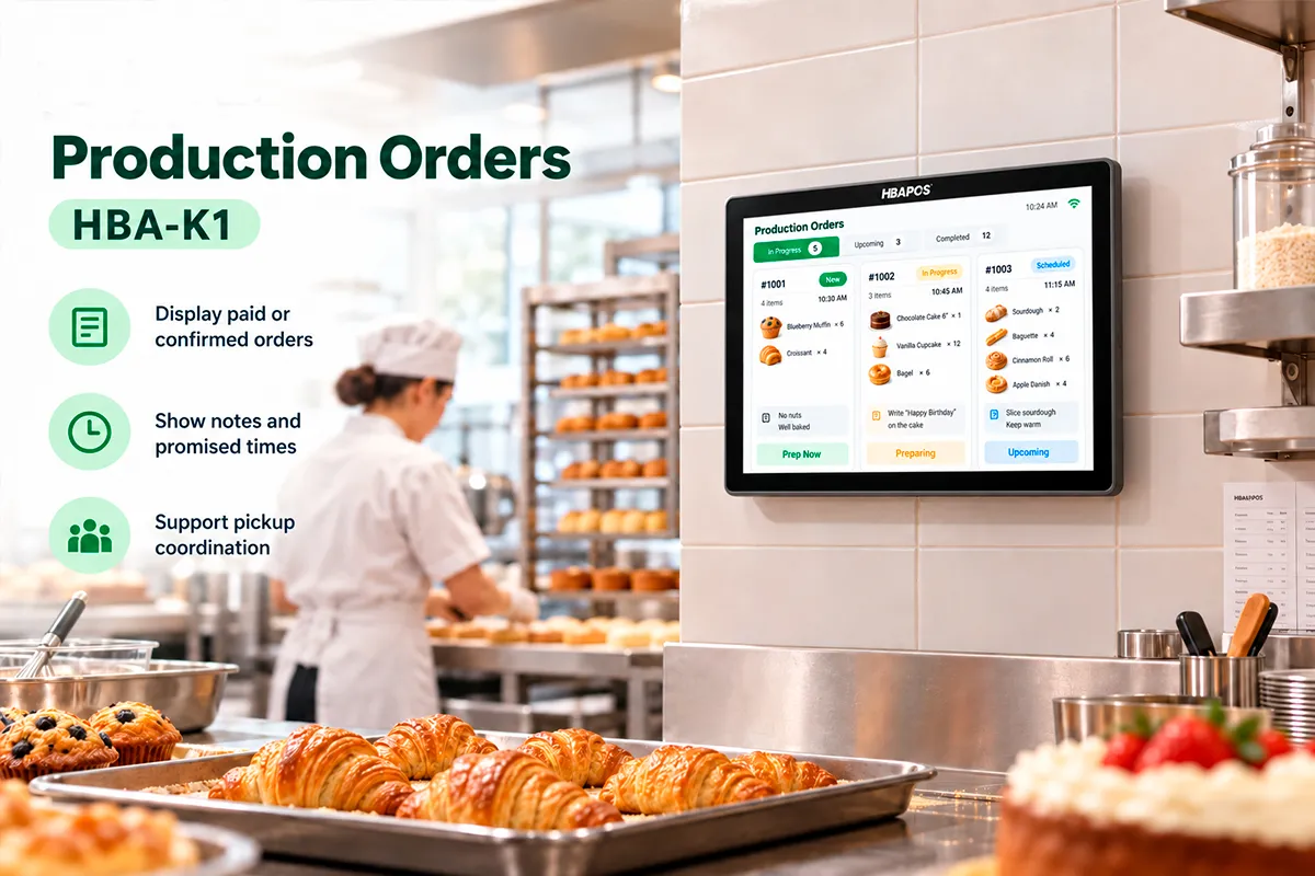 Wall-mounted HBA-K1 kitchen display showing bakery production orders preparation notes and order status