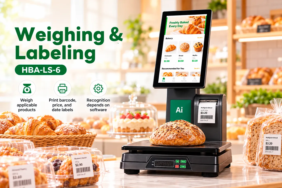 HBA-LS-6 bakery weighing and labeling station with touchscreen scale camera and built-in label printer
