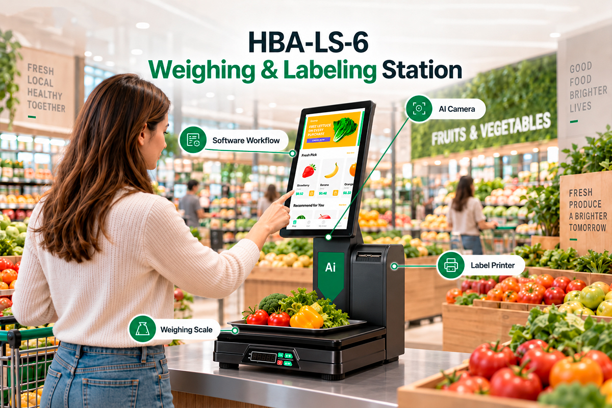 HBA-LS-6 supermarket weighing and labeling station with scale touchscreen AI camera and label printer