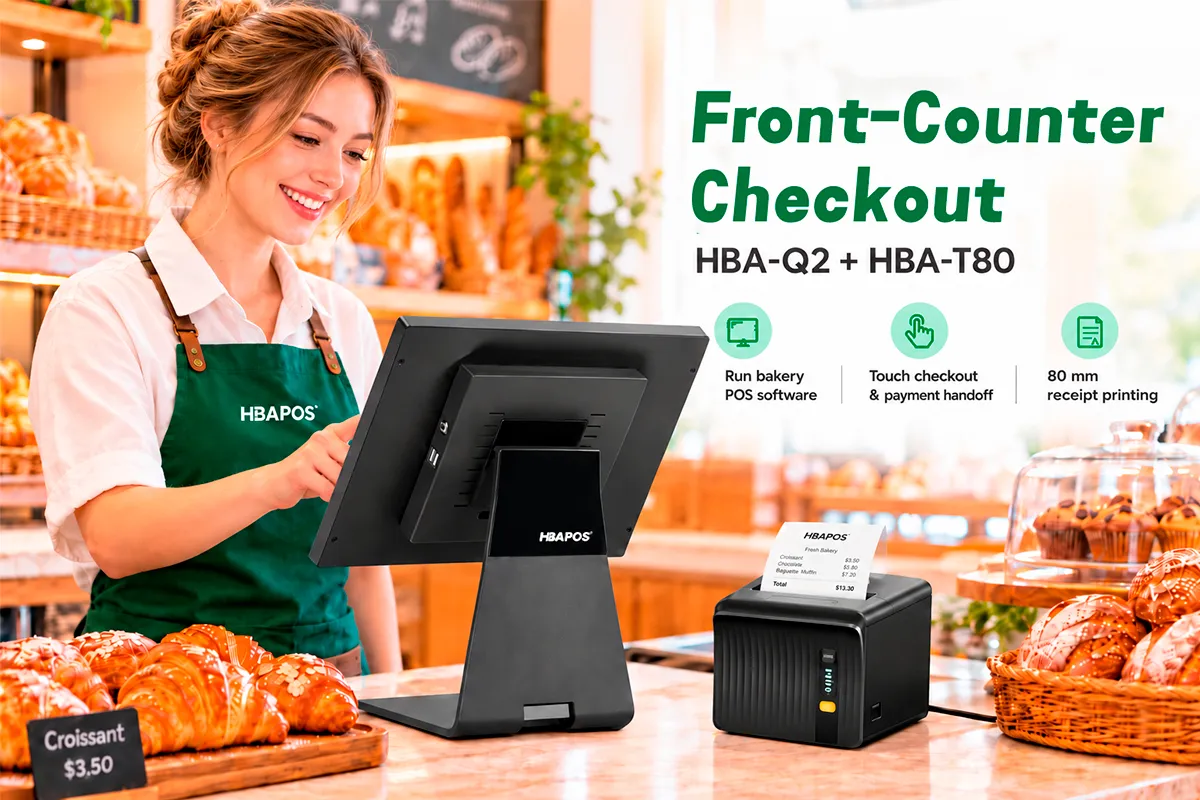 Bakery employee using an HBA-Q2 POS terminal with an HBA-T80 receipt printer at the front counter