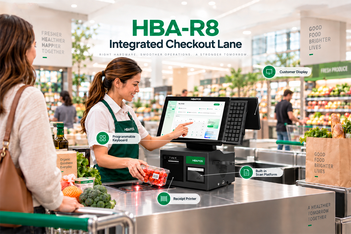 HBA-R8 supermarket checkout lane with programmable keyboard built-in barcode scanning platform receipt printer and customer display