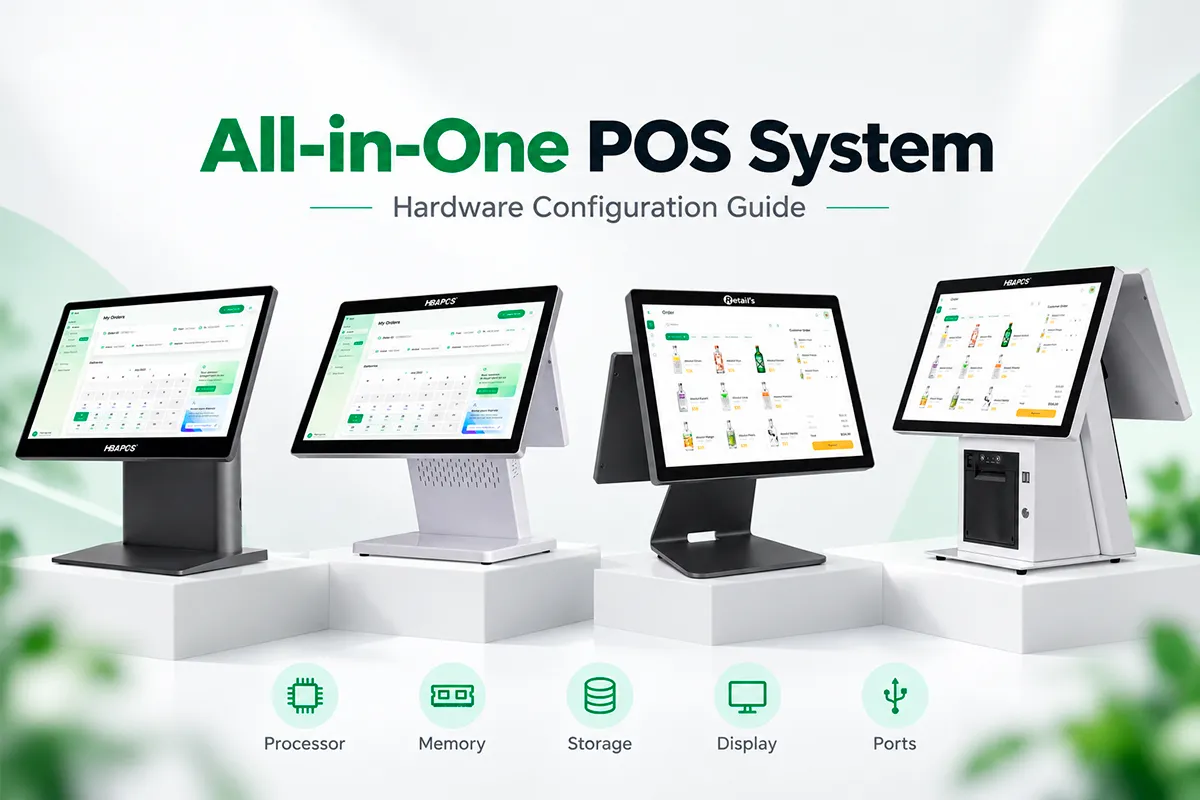 HBAPOS all-in-one POS terminals representing processor memory storage display and port configuration options