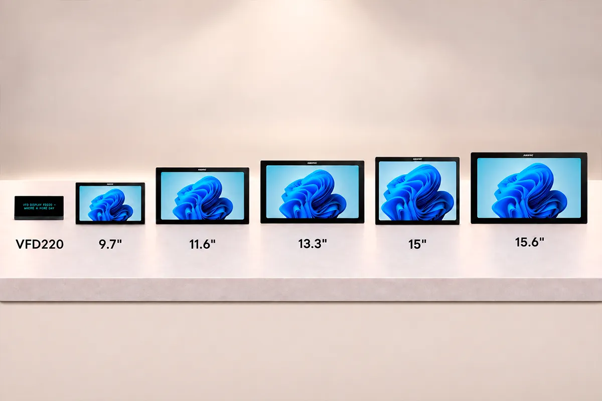VFD220 and 9.7-inch to 15.6-inch POS customer display size comparison