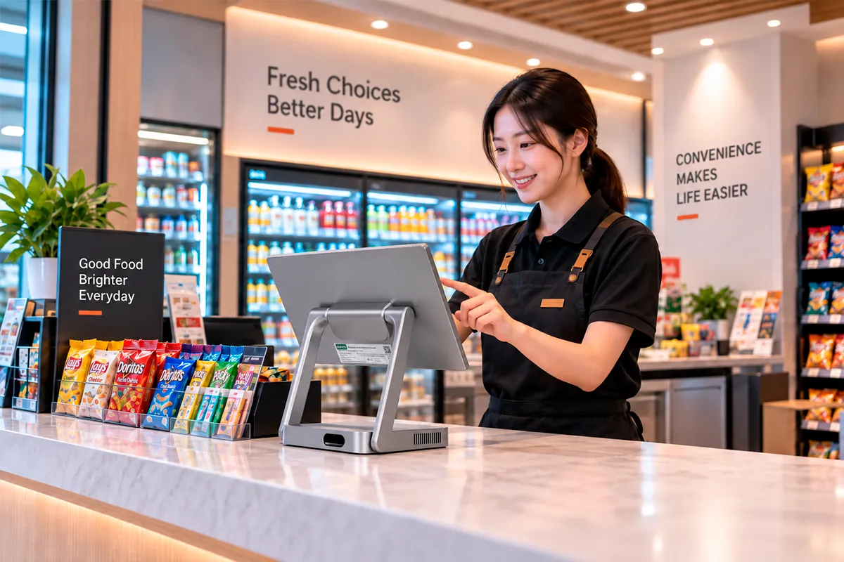 Store operator using a slim aluminum POS terminal at a convenience store checkout counter