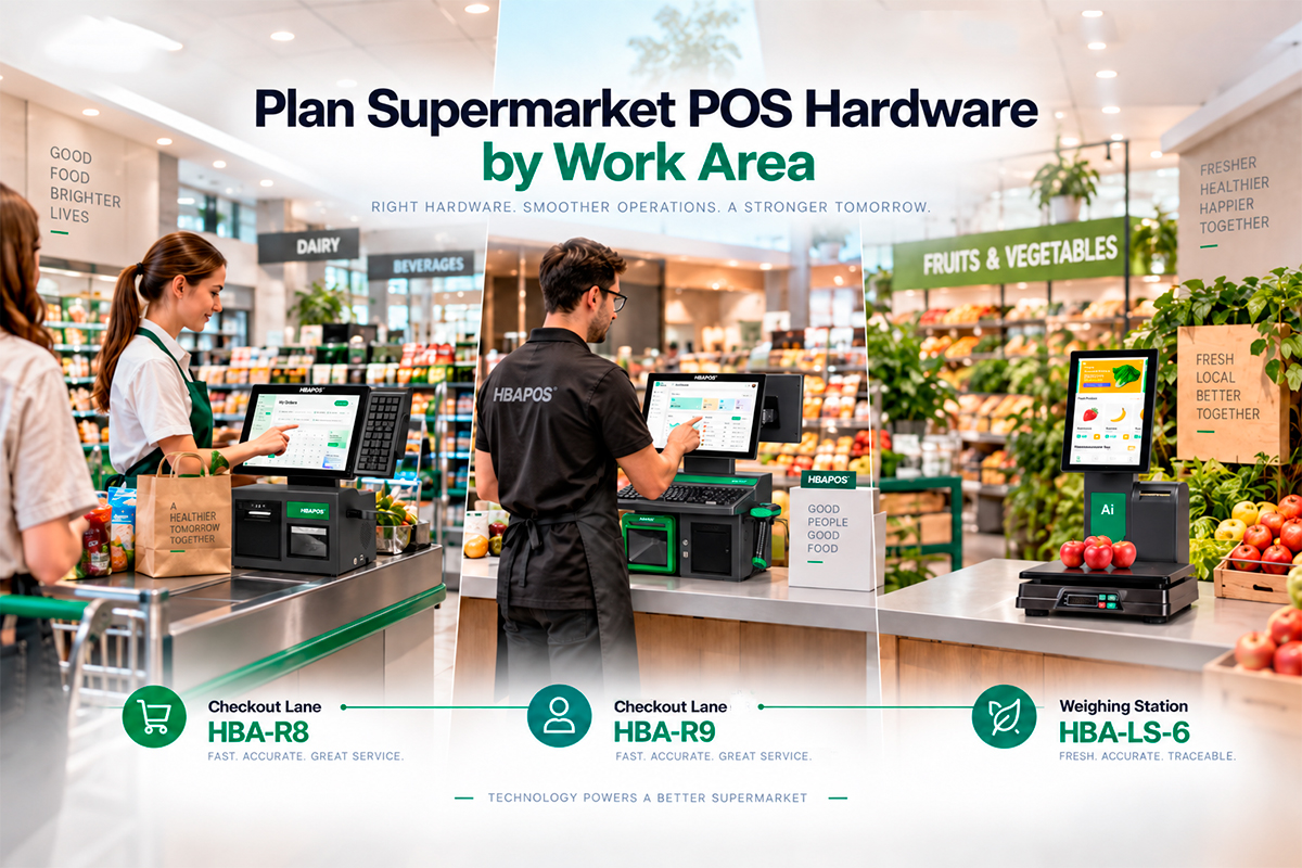 HBA-R8 and HBA-R9 checkout lanes with an HBA-LS-6 weighing station planned by supermarket work area