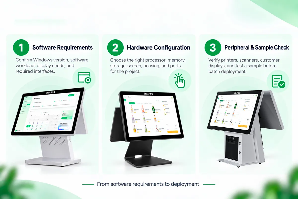 Three-step process for confirming POS software requirements hardware configuration and sample testing