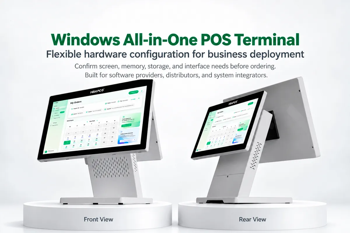 Front and rear views of an HBAPOS Windows all-in-one POS terminal