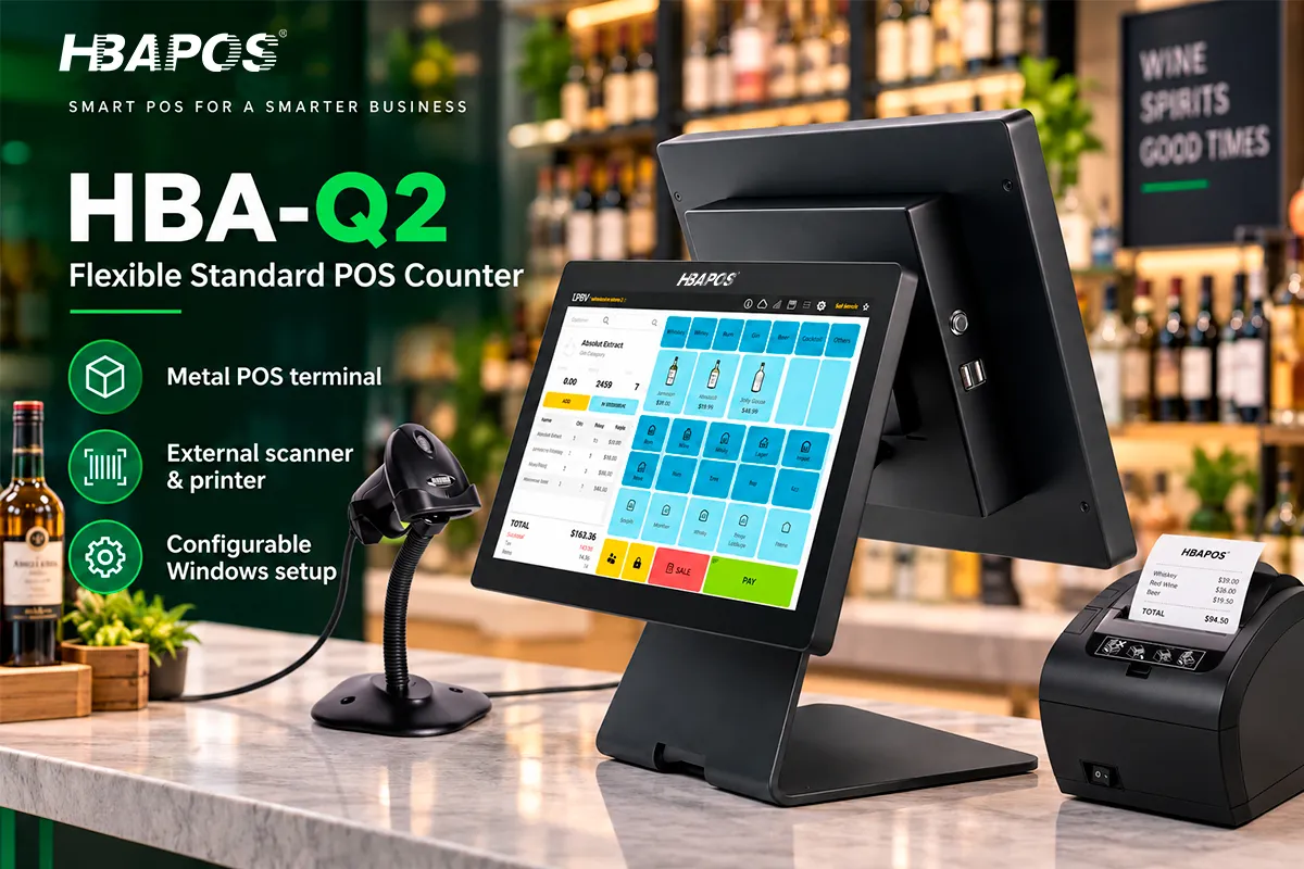 HBA-Q2 flexible liquor store POS counter with an external barcode scanner receipt printer and rear-mounted customer display