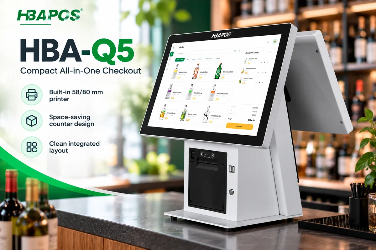 HBA-Q5 compact all-in-one liquor store POS system with a built-in 58 mm or 80 mm receipt printer