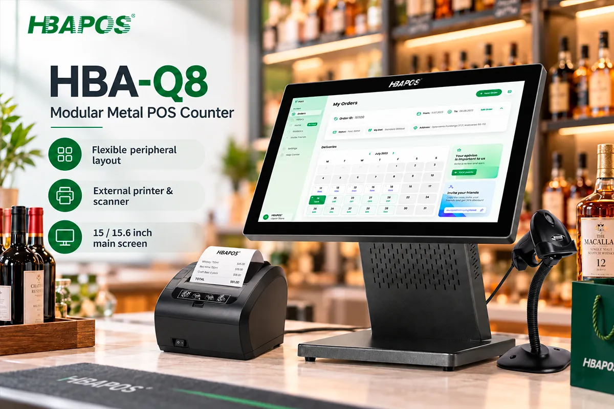 HBA-Q8 modular all-metal POS terminal with an external receipt printer and barcode scanner at a liquor store checkout